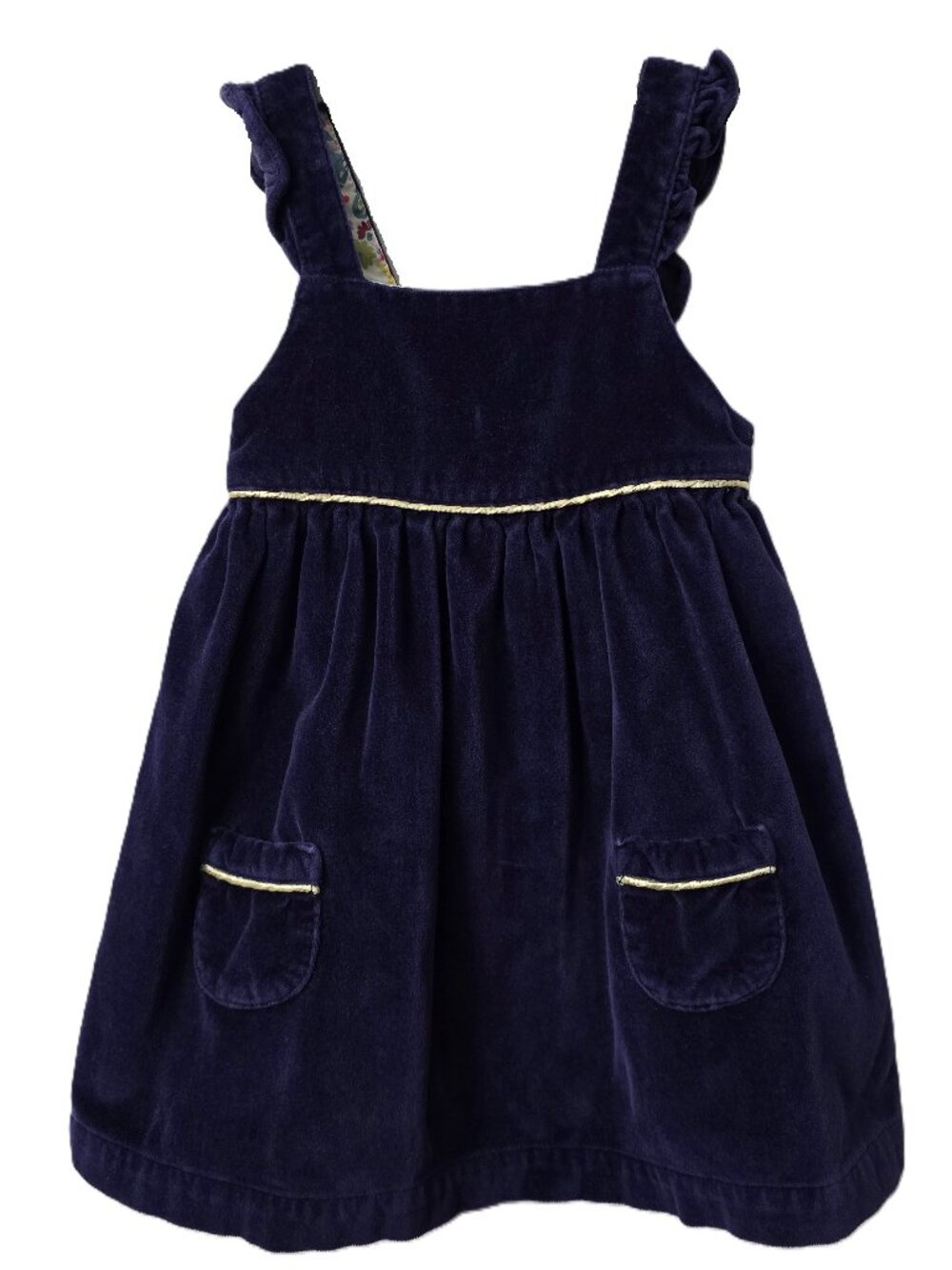 Boden Holiday Velvet Jumper Dress 6 9 12 month Baby Ruffle Strap POCKETS Blue